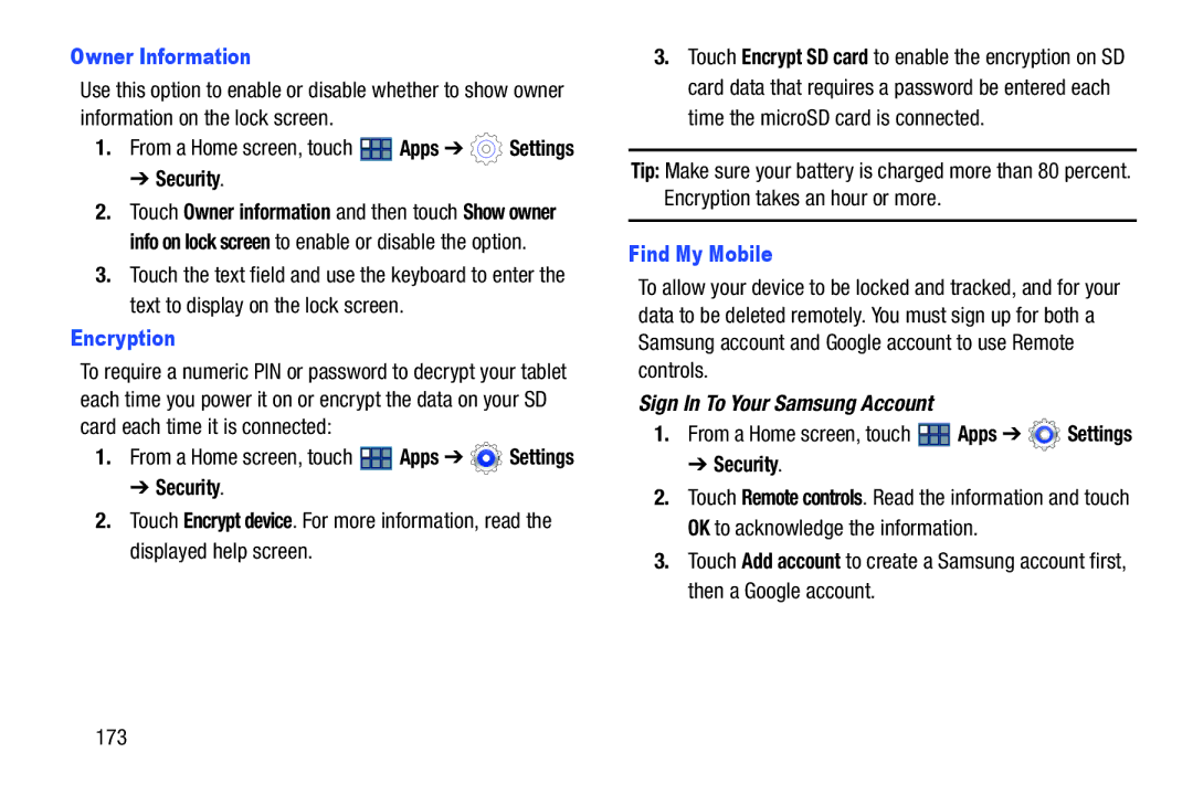 Samsung GT-P3113 user manual Owner Information, Encryption, Find My Mobile 