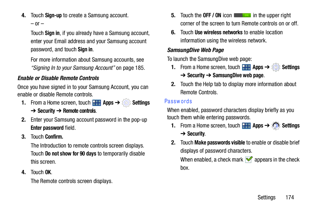 Samsung GT-P3113 user manual Security Remote controls, Touch Confirm, Security SamsungDive web, Passwords 