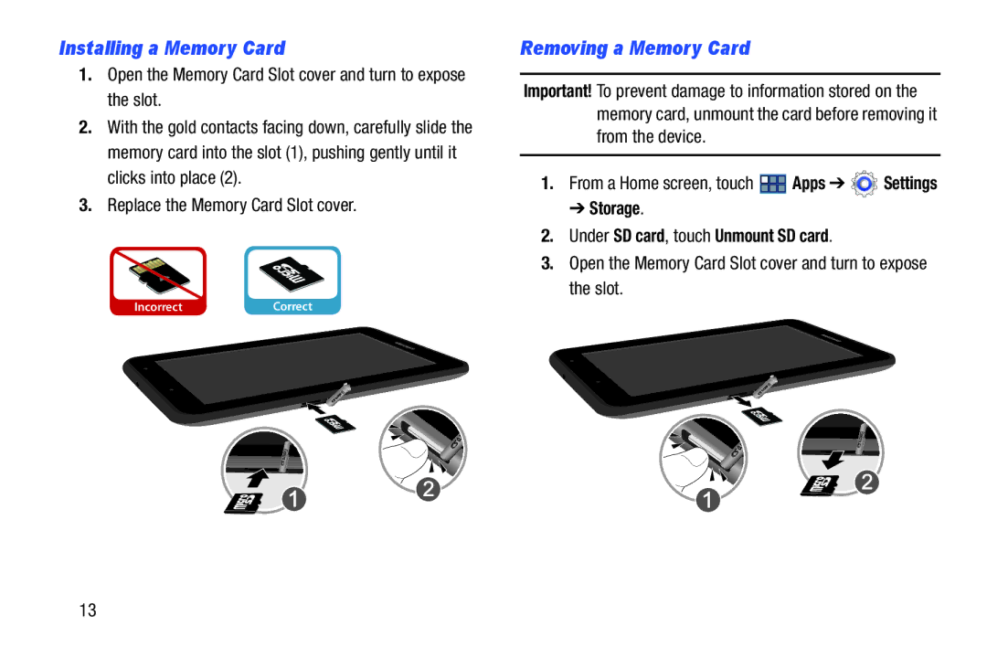 Samsung GT-P3113 user manual Installing a Memory Card, Removing a Memory Card, Replace the Memory Card Slot cover 