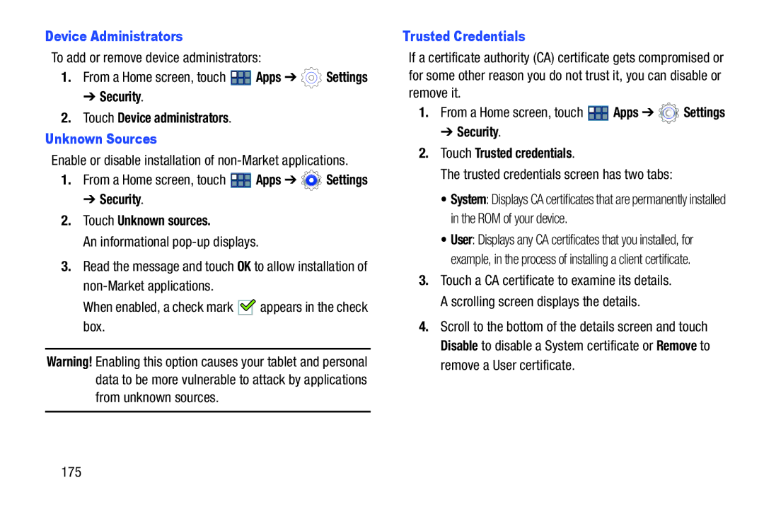 Samsung GT-P3113 user manual Device Administrators, Unknown Sources, Trusted Credentials 