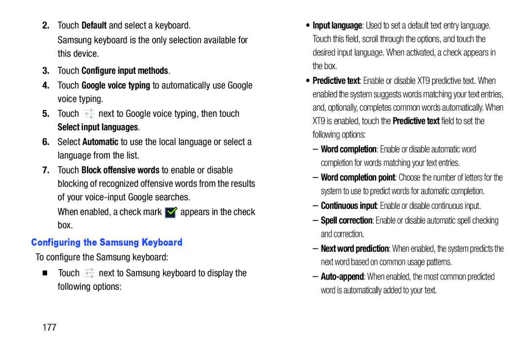 Samsung GT-P3113 user manual Configuring the Samsung Keyboard, 177 