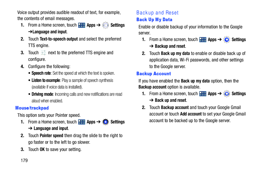 Samsung GT-P3113 user manual Backup and Reset, Mouse/trackpad, Back Up My Data, Backup Account 