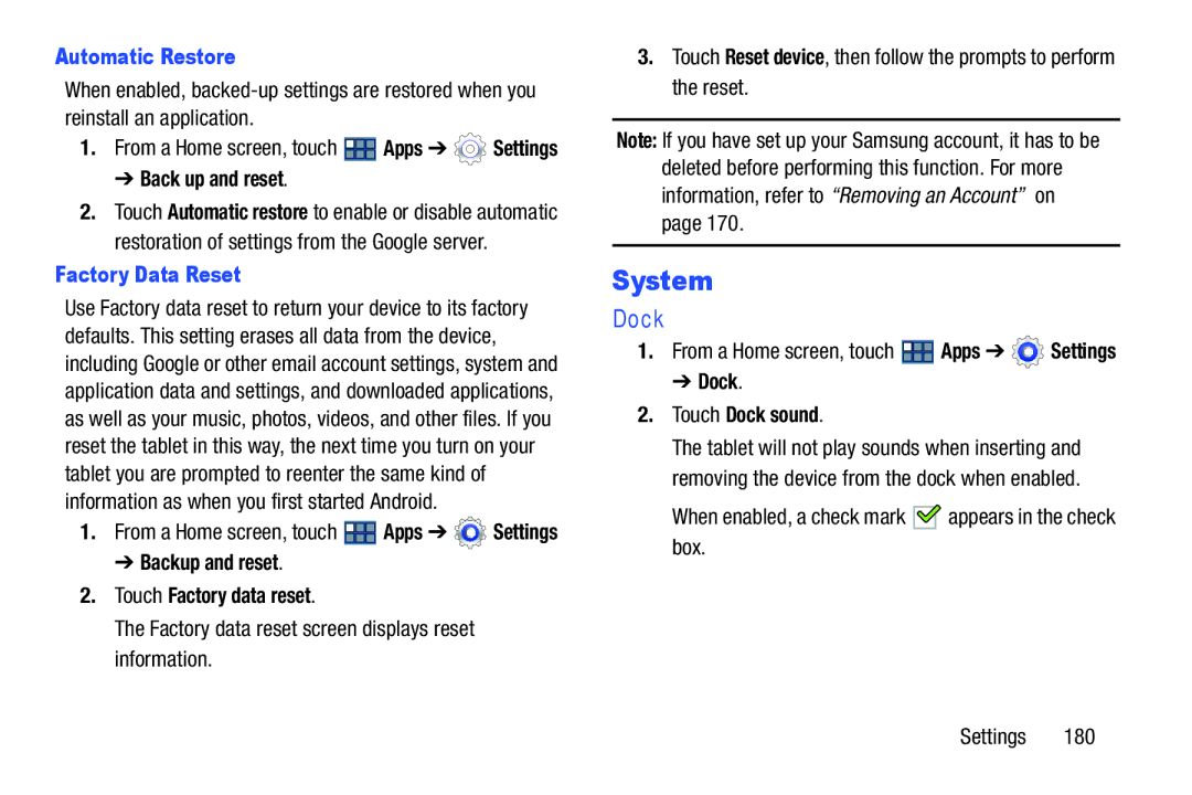 Samsung GT-P3113 user manual System, Dock, Automatic Restore, Factory Data Reset 