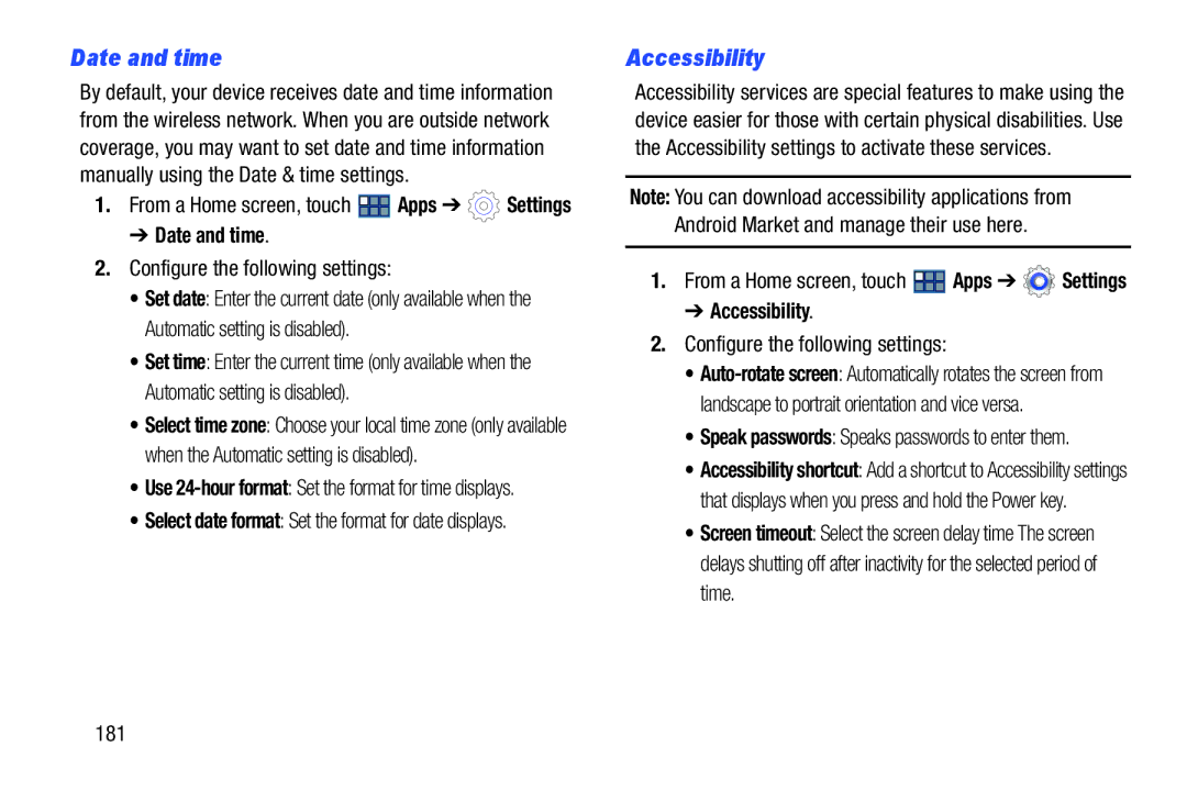 Samsung GT-P3113 user manual Date and time, Accessibility 