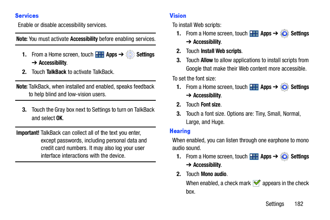 Samsung GT-P3113 user manual Services, Vision, Hearing 