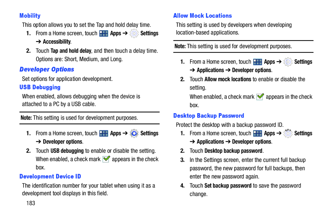 Samsung GT-P3113 user manual Developer Options 