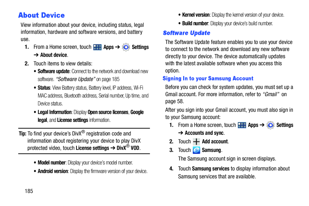 Samsung GT-P3113 user manual About Device, Software Update, About device, Signing In to your Samsung Account 