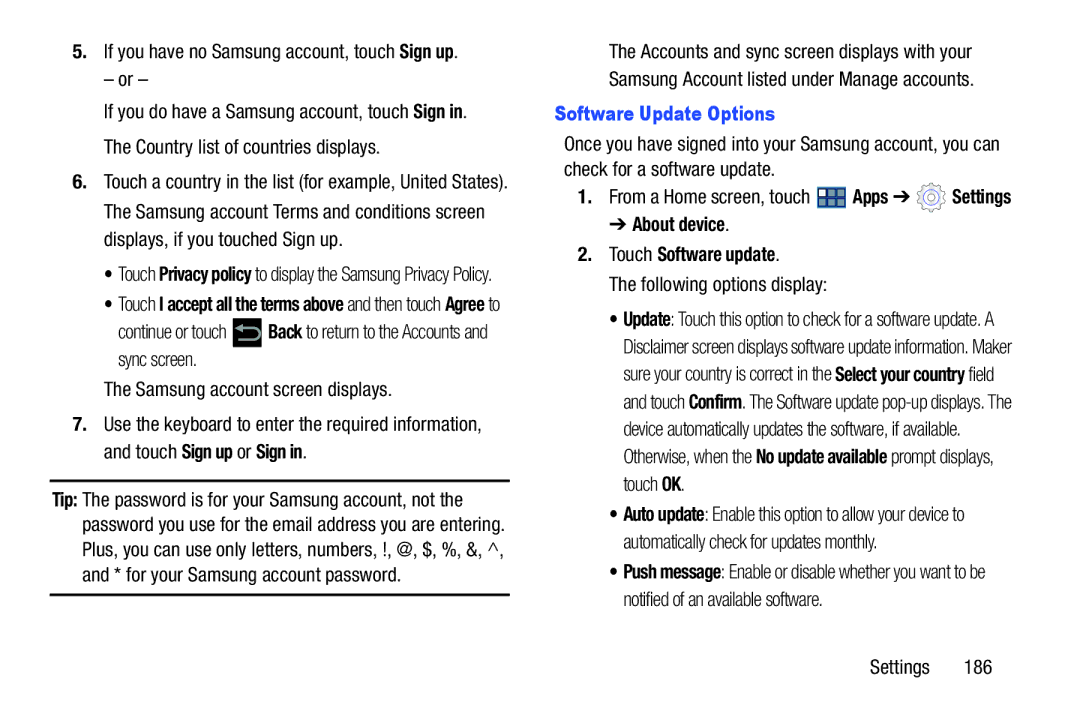 Samsung GT-P3113 user manual If you have no Samsung account, touch Sign up, Software Update Options 