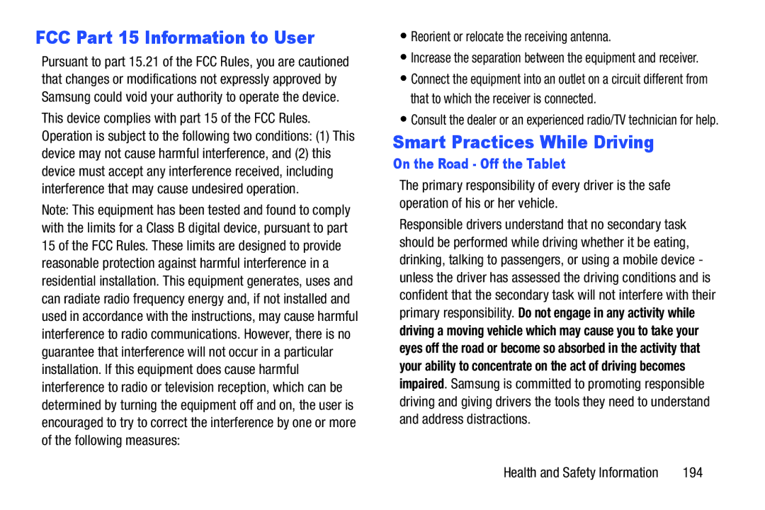 Samsung GT-P3113 FCC Part 15 Information to User, Smart Practices While Driving, On the Road Off the Tablet, 194 