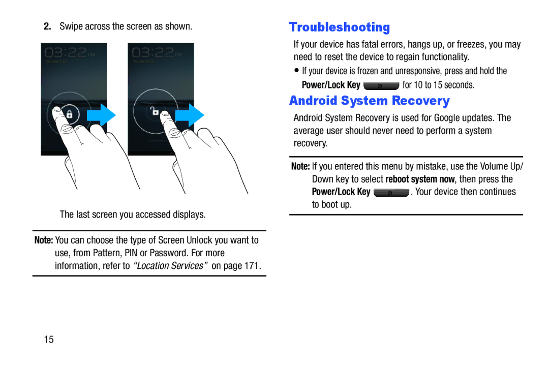 Samsung GT-P3113 user manual Troubleshooting, Android System Recovery, Power/Lock Key for 10 to 15 seconds 