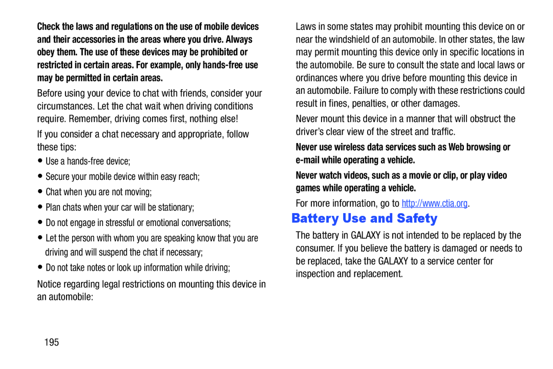 Samsung GT-P3113 user manual Battery Use and Safety, 195, Do not engage in stressful or emotional conversations 