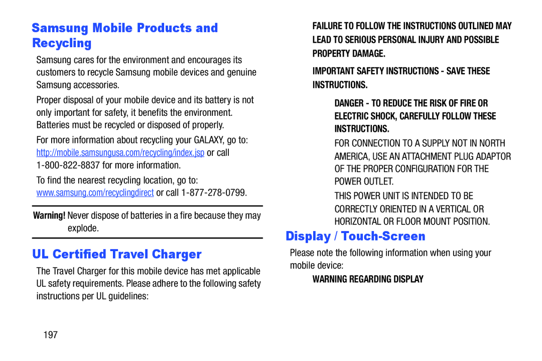 Samsung GT-P3113 user manual Samsung Mobile Products and Recycling, UL Certified Travel Charger, Display / Touch-Screen 