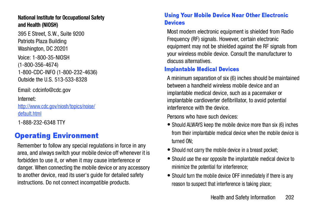 Samsung GT-P3113 user manual Operating Environment, Using Your Mobile Device Near Other Electronic Devices 