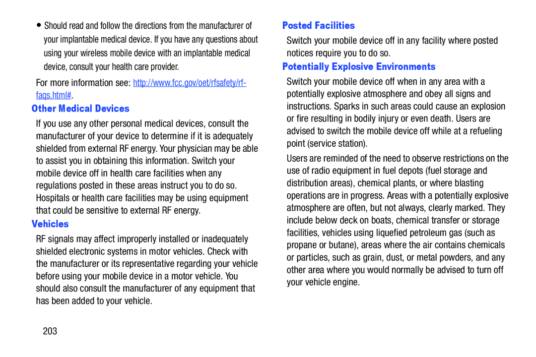 Samsung GT-P3113 user manual Other Medical Devices, Vehicles, Posted Facilities, Potentially Explosive Environments, 203 