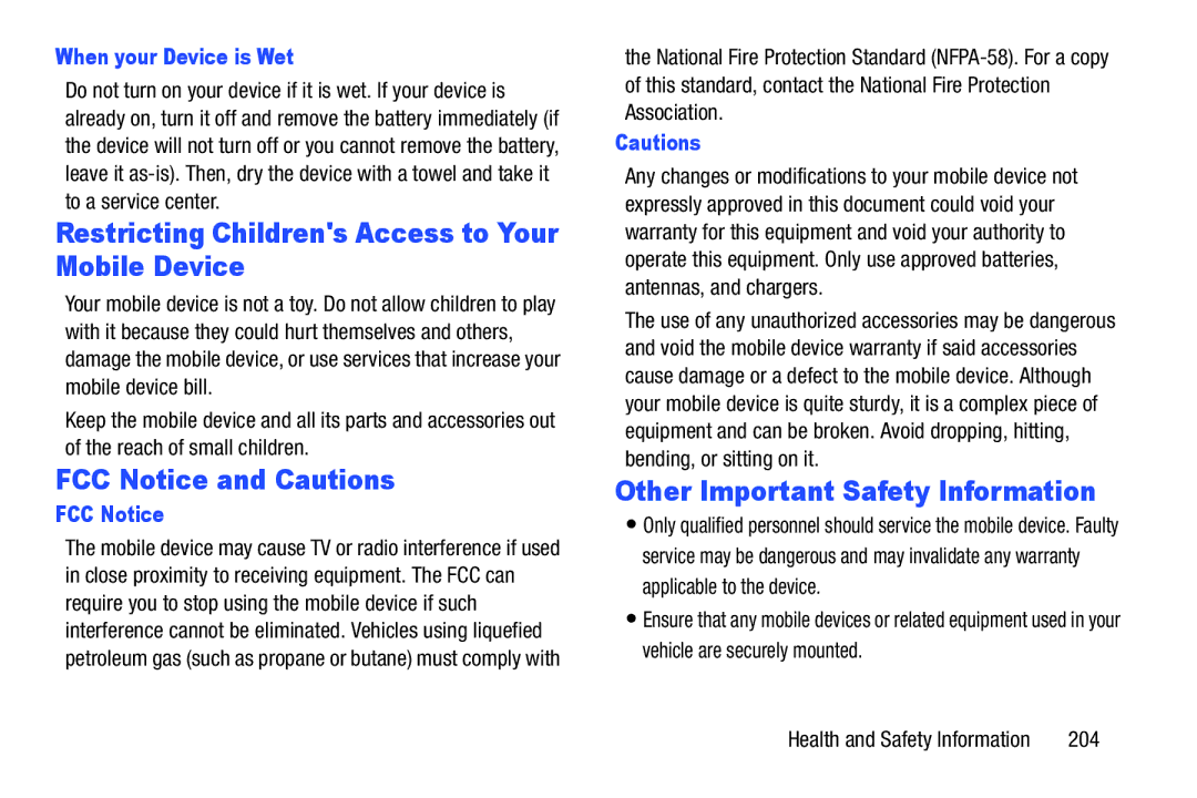 Samsung GT-P3113 Restricting Childrens Access to Your Mobile Device, FCC Notice and Cautions, When your Device is Wet 