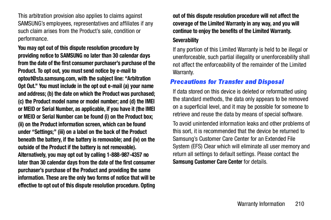 Samsung GT-P3113 user manual Precautions for Transfer and Disposal, Severability, 210 