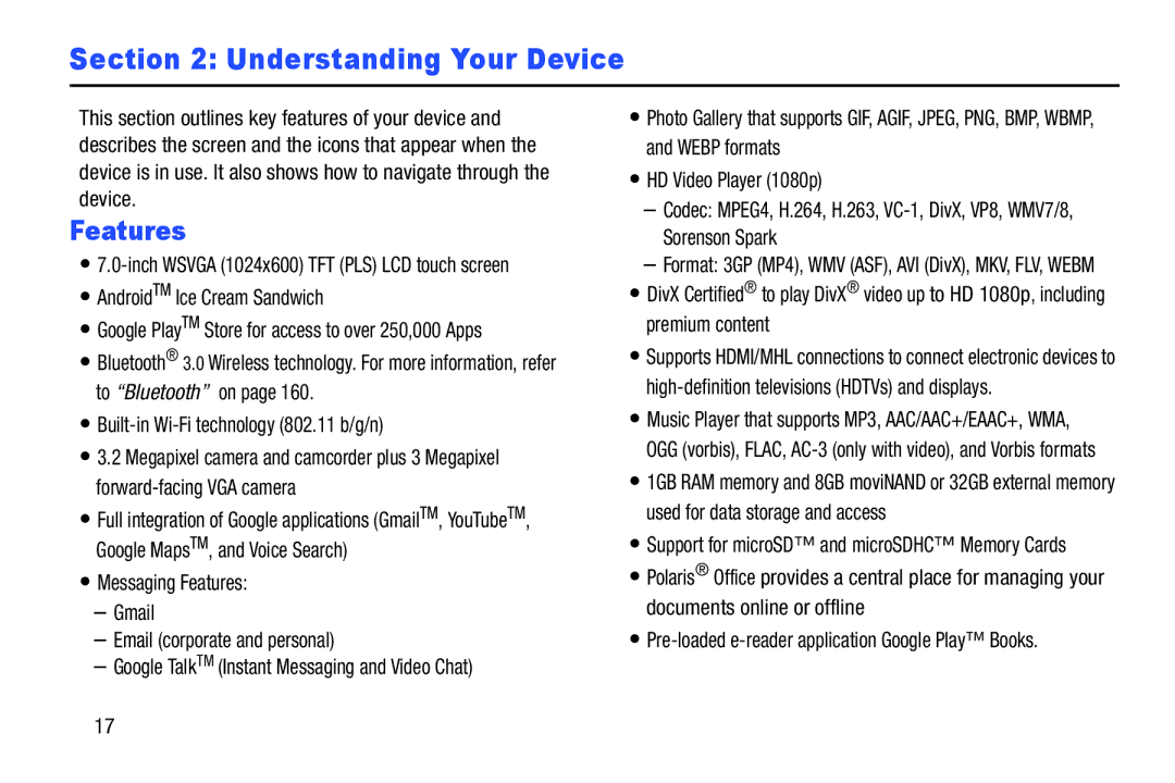 Samsung GT-P3113 user manual Understanding Your Device, Features, AndroidTM Ice Cream Sandwich 