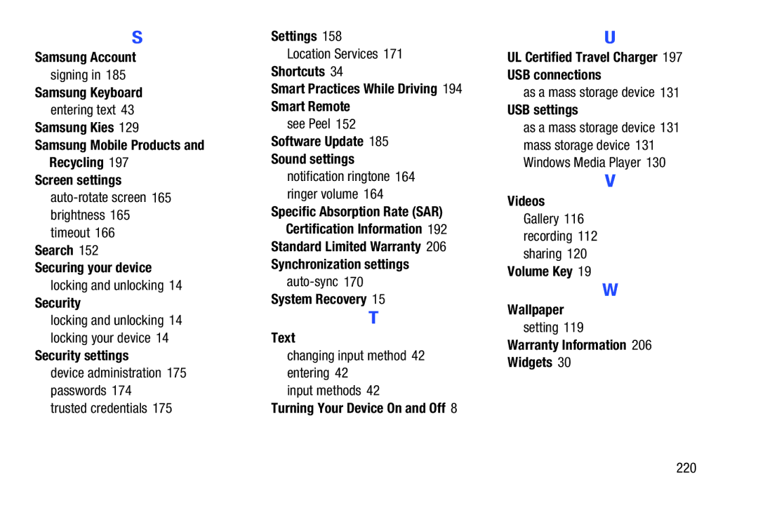 Samsung GT-P3113 Samsung Account, Samsung Keyboard, Samsung Kies, Screen settings, Search Securing your device, Shortcuts 