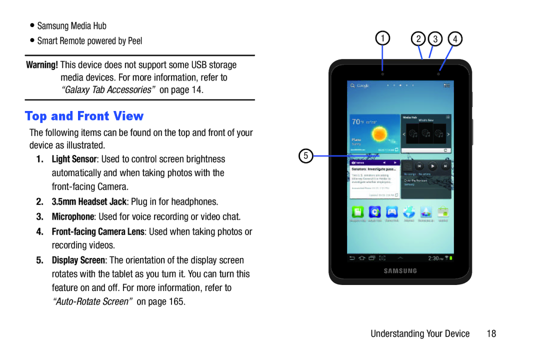 Samsung GT-P3113 user manual Top and Front View, Samsung Media Hub Smart Remote powered by Peel 