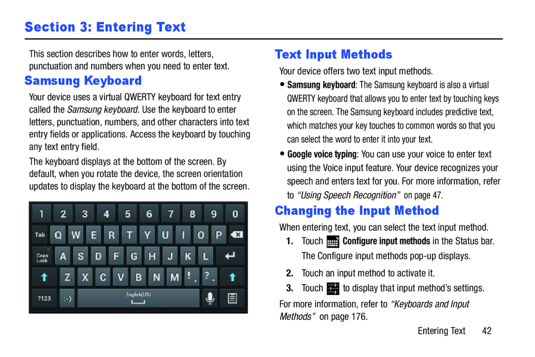 Samsung GT-P3113 user manual Entering Text, Samsung Keyboard, Text Input Methods, Changing the Input Method 