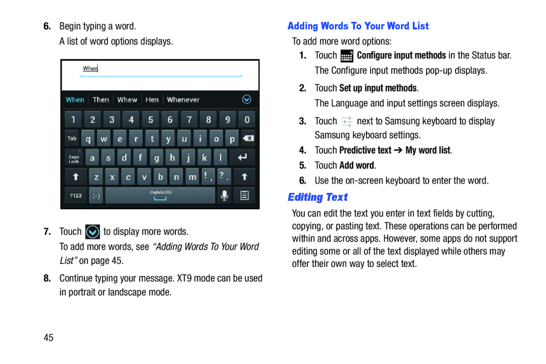 Samsung GT-P3113 user manual Editing Text, Adding Words To Your Word List, To add more word options 