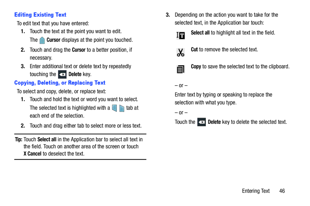 Samsung GT-P3113 user manual Editing Existing Text, Copying, Deleting, or Replacing Text 