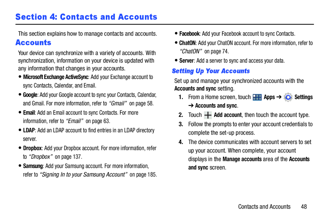 Samsung GT-P3113 user manual Contacts and Accounts, Setting Up Your Accounts, Accounts and sync 