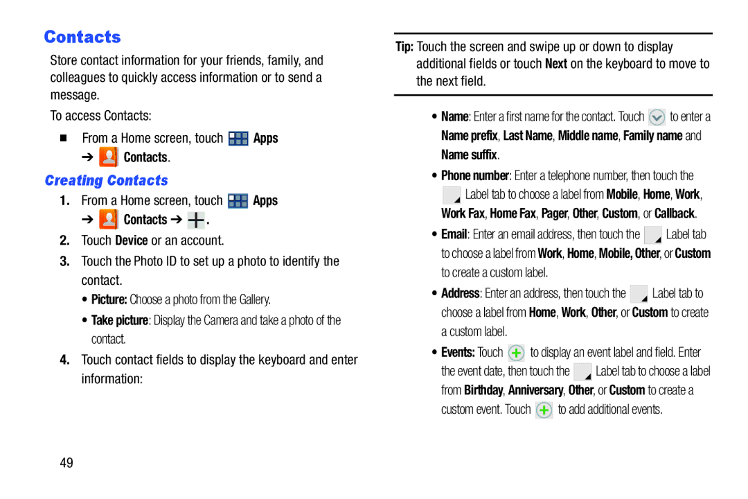 Samsung GT-P3113 user manual Creating Contacts, Name suffix 