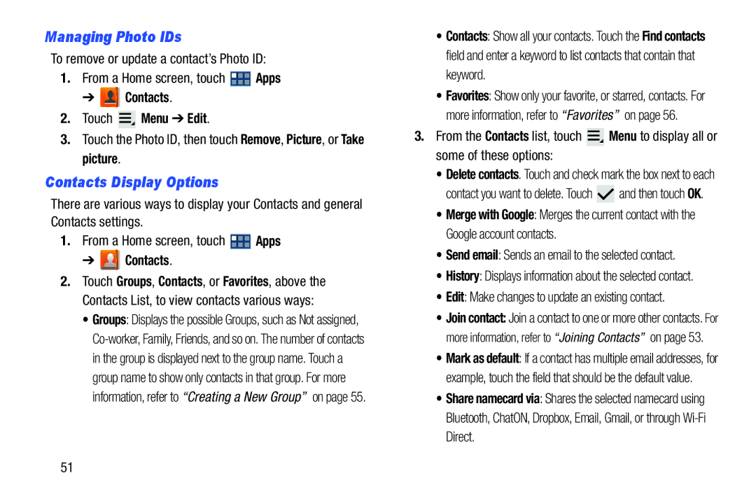 Samsung GT-P3113 user manual Managing Photo IDs, Contacts Display Options, Contacts Touch Menu Edit 