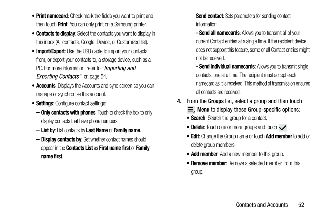 Samsung GT-P3113 user manual Settings Configure contact settings, Remove member Remove a selected member from this group 