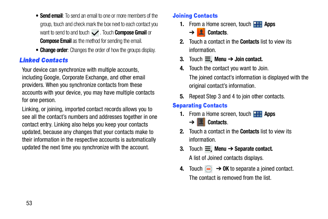 Samsung GT-P3113 user manual Linked Contacts, Joining Contacts, Touch Menu Join contact, Separating Contacts 