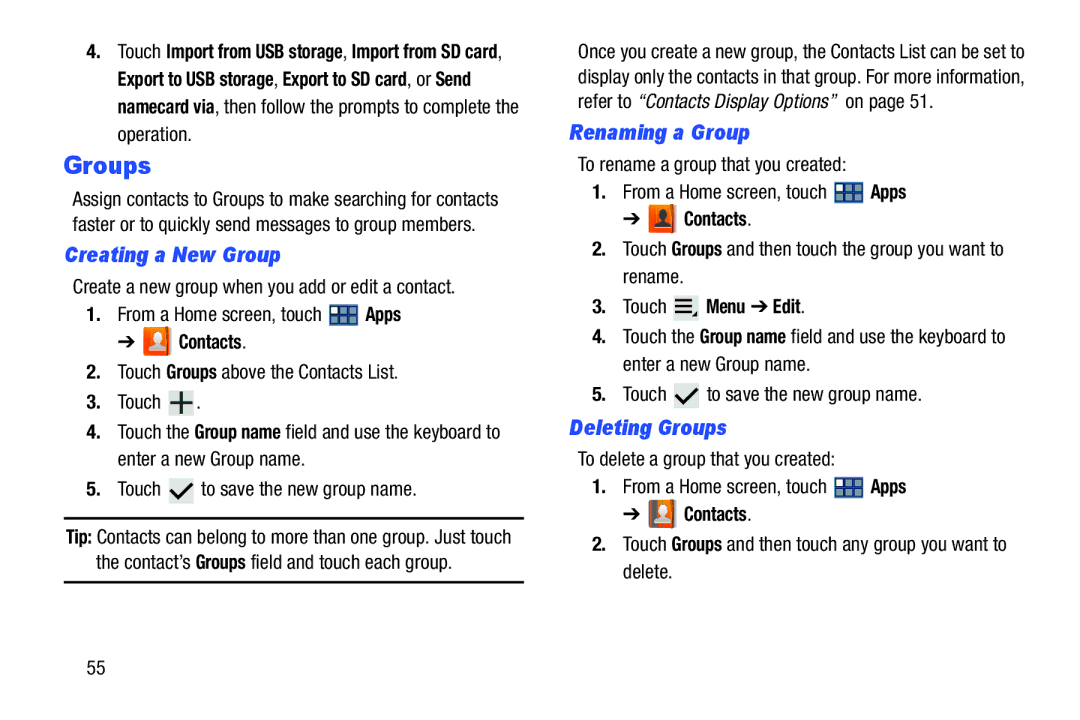 Samsung GT-P3113 user manual Creating a New Group, Renaming a Group, Deleting Groups 