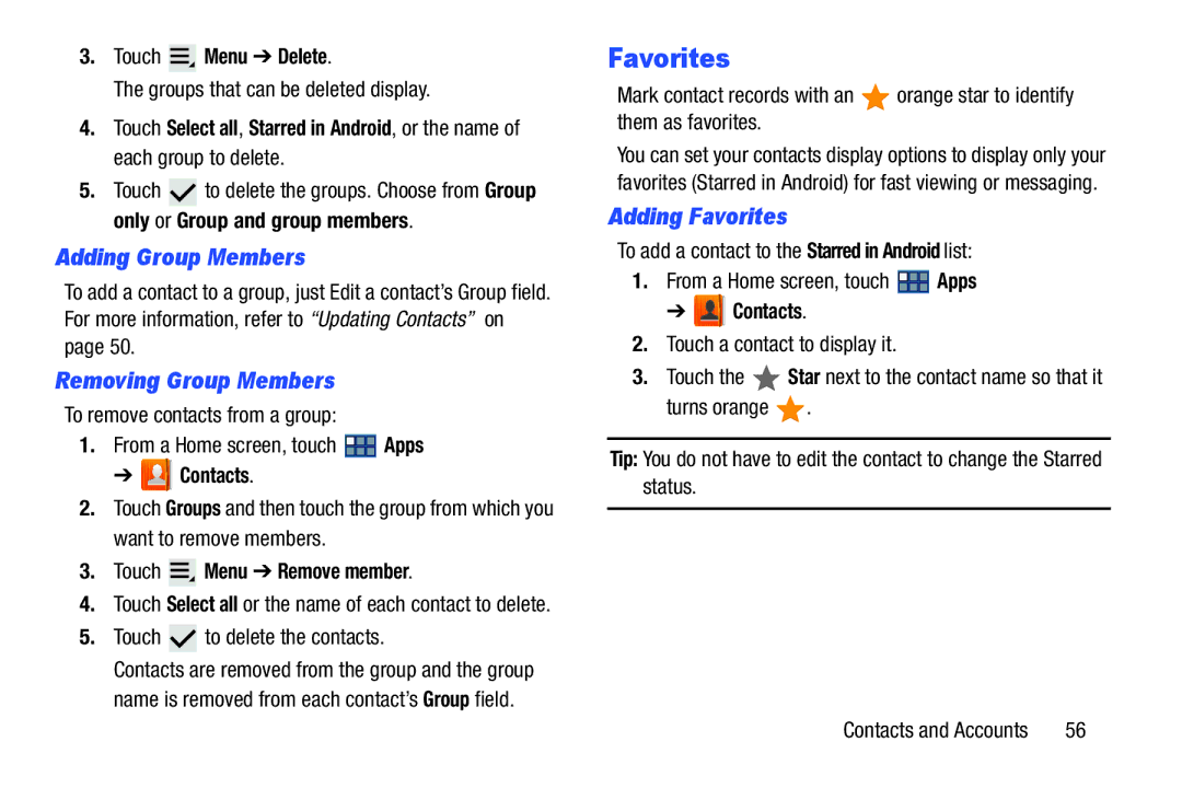 Samsung GT-P3113 user manual Adding Group Members, Removing Group Members, Adding Favorites 