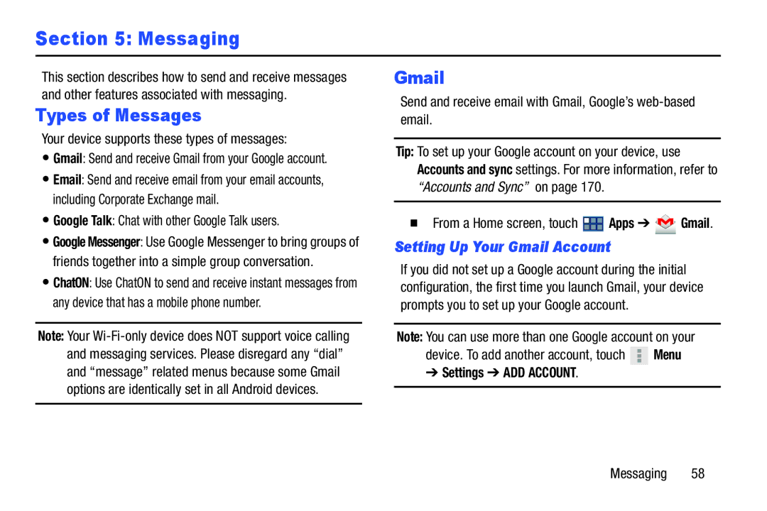 Samsung GT-P3113 user manual Messaging, Types of Messages, Setting Up Your Gmail Account, Settings ADD Account 