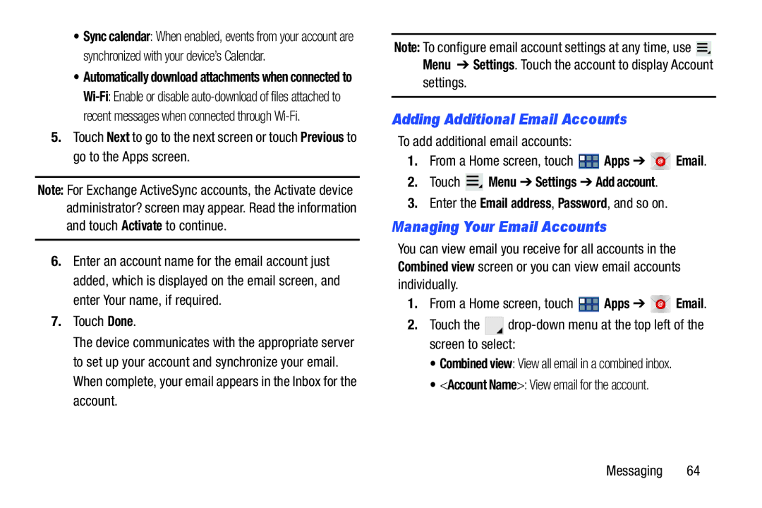 Samsung GT-P3113 Adding Additional Email Accounts, Managing Your Email Accounts, Touch Menu Settings Add account 