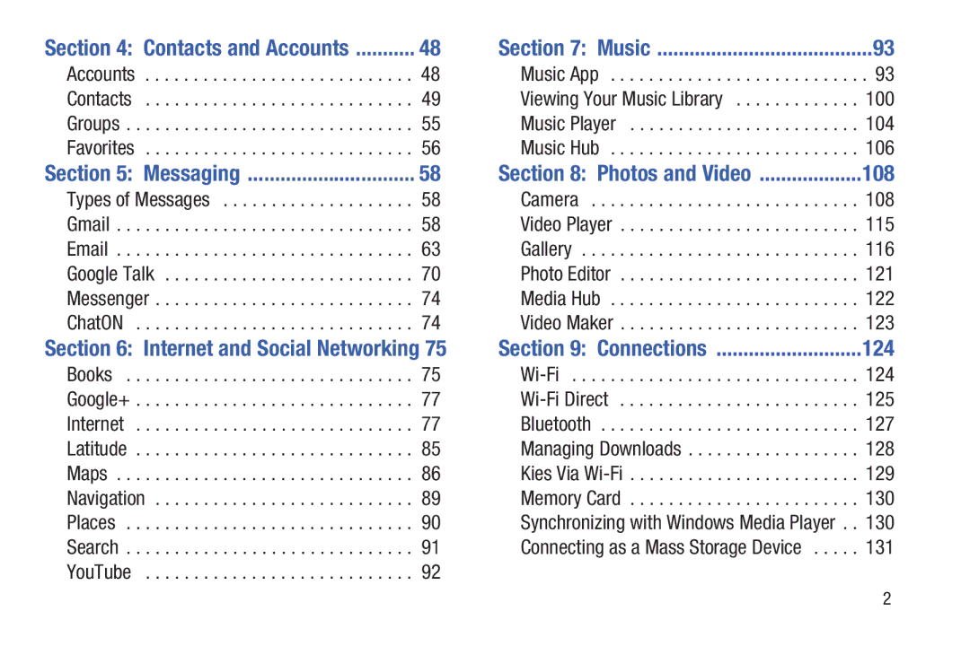 Samsung GT-P3113 user manual Contacts and Accounts, Photos and Video 108, 124 