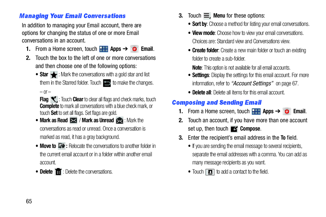 Samsung GT-P3113 user manual Managing Your Email Conversations, Composing and Sending Email, Apps 