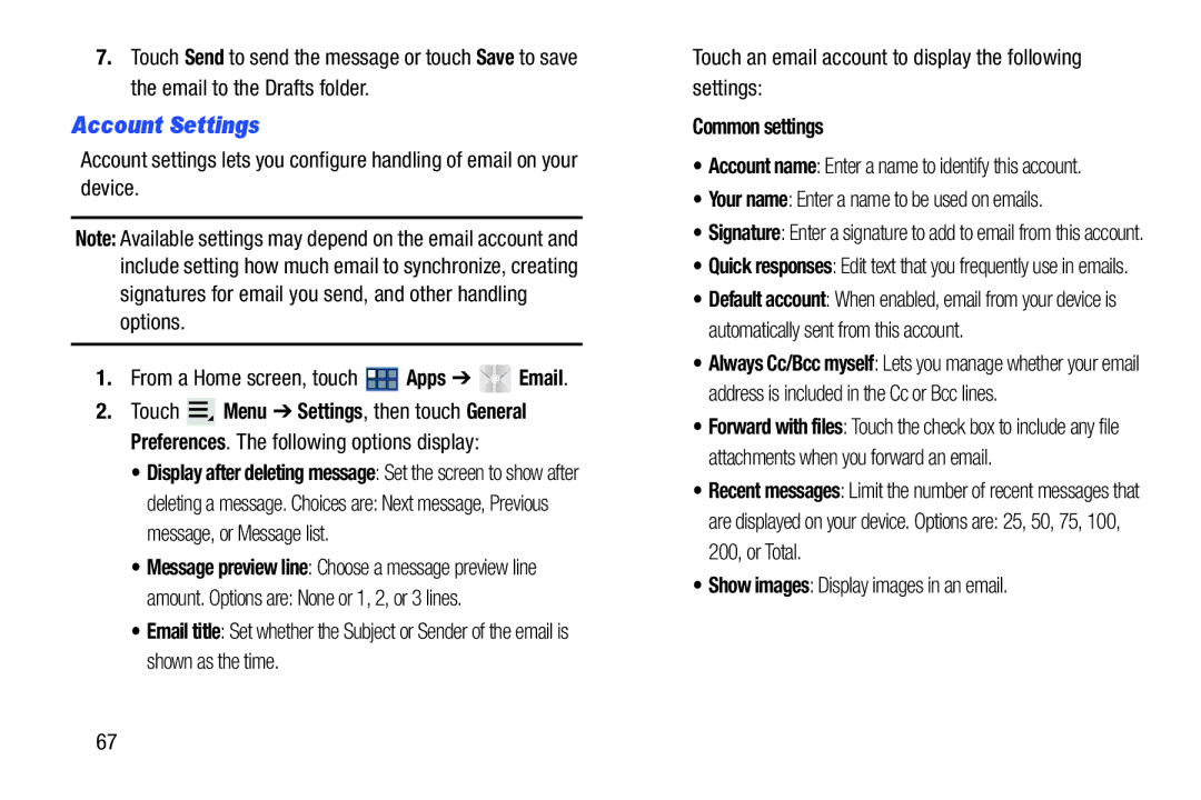 Samsung GT-P3113 user manual Account Settings, Common settings, Your name Enter a name to be used on emails 