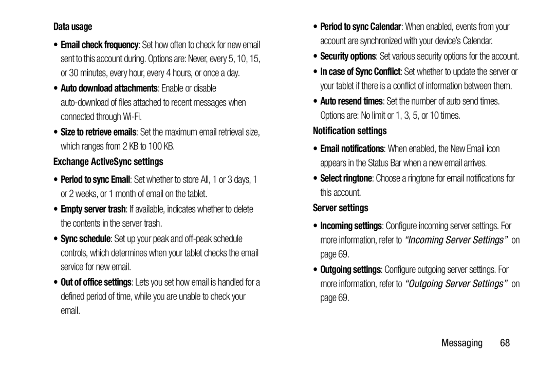 Samsung GT-P3113 Data usage, Exchange ActiveSync settings, Options are No limit or 1, 3, 5, or 10 times, Server settings 