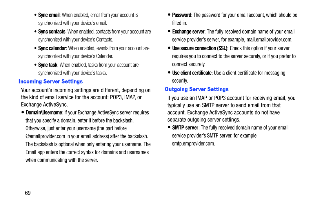 Samsung GT-P3113 user manual Incoming Server Settings, Outgoing Server Settings 