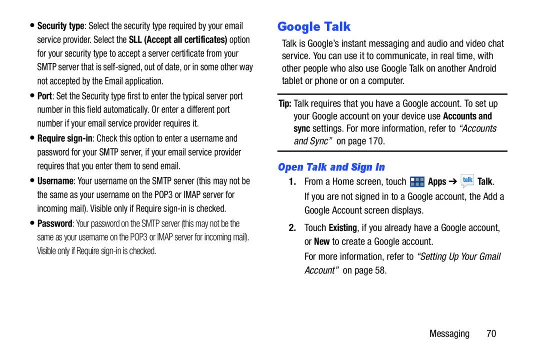 Samsung GT-P3113 user manual Google Talk, Open Talk and Sign 