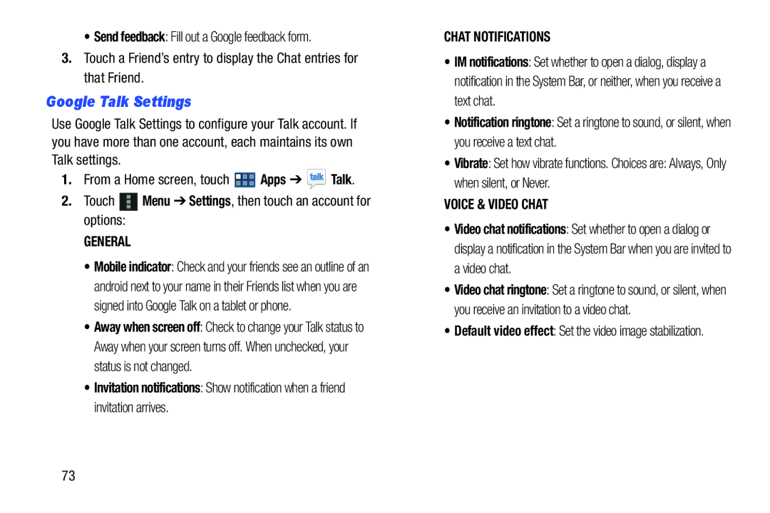 Samsung GT-P3113 user manual Google Talk Settings, Default video effect Set the video image stabilization 