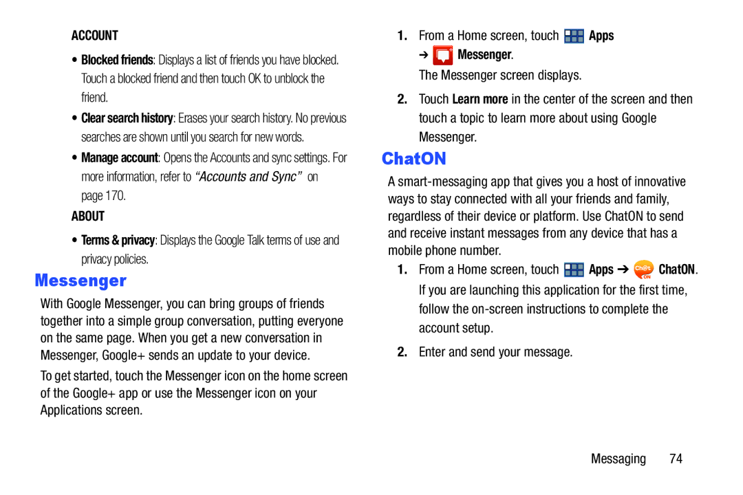 Samsung GT-P3113 user manual Messenger, ChatON 