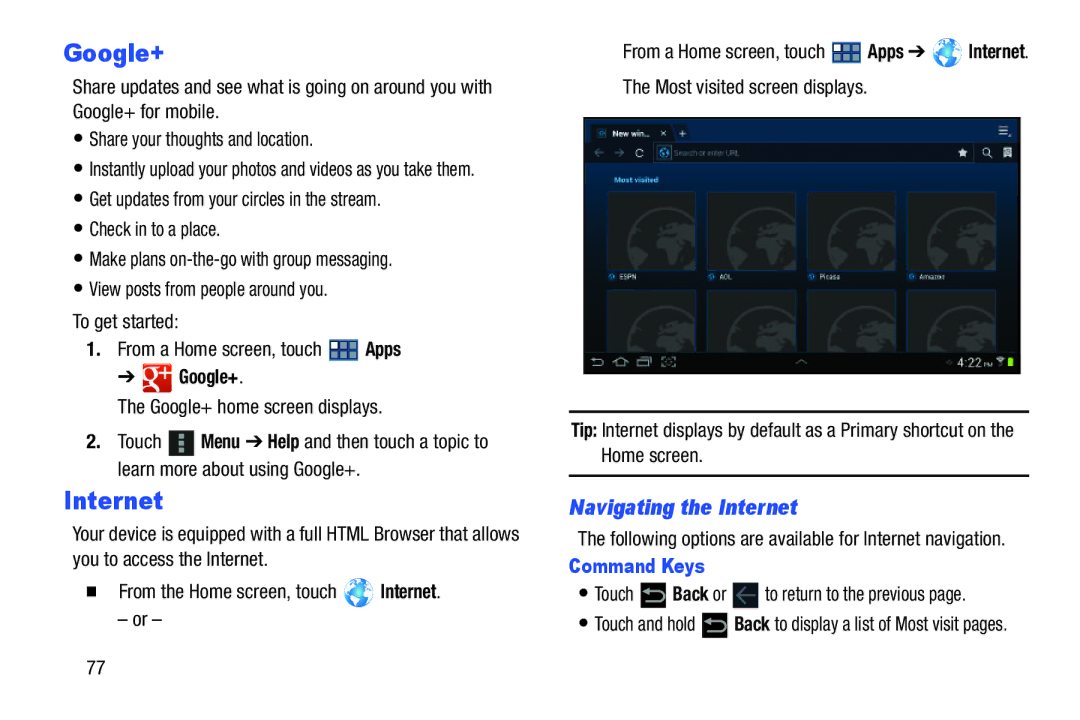 Samsung GT-P3113 user manual Google+, Navigating the Internet, Command Keys 
