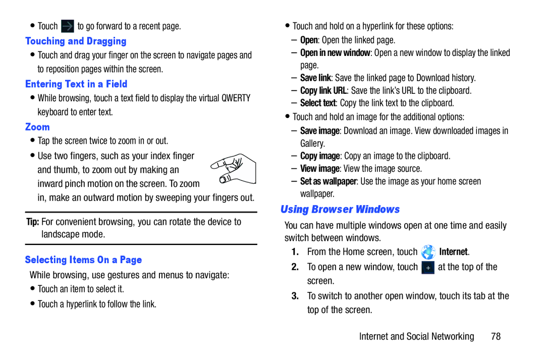 Samsung GT-P3113 Using Browser Windows, Touching and Dragging, Entering Text in a Field, Zoom, Selecting Items On a 