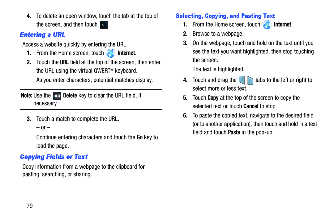 Samsung GT-P3113 Entering a URL, Copying Fields or Text, Screen, and then touch, Selecting, Copying, and Pasting Text 