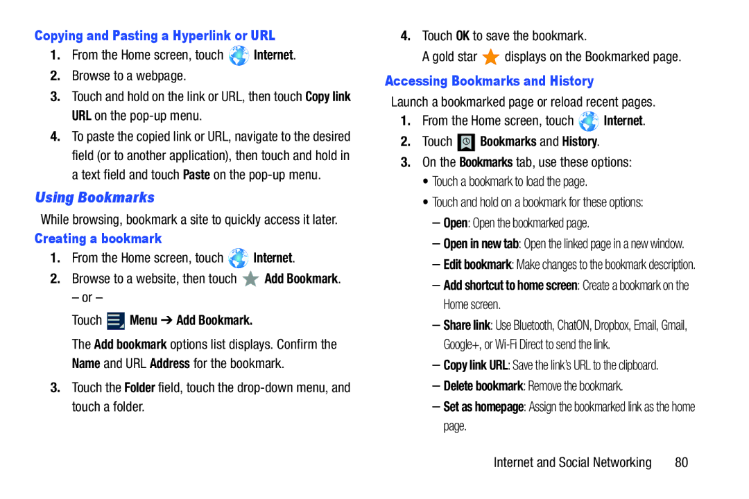 Samsung GT-P3113 user manual Using Bookmarks, Copying and Pasting a Hyperlink or URL, Creating a bookmark 