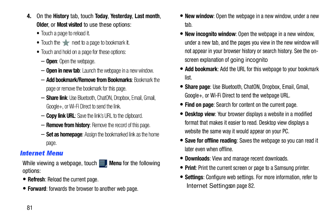 Samsung GT-P3113 Internet Menu, Downloads View and manage recent downloads, Forward forwards the browser to another web 