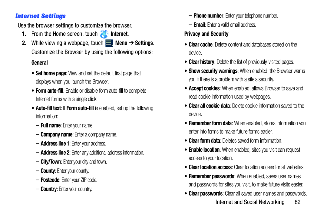 Samsung GT-P3113 Internet Settings, General, Privacy and Security, Clear form data Deletes saved form information 