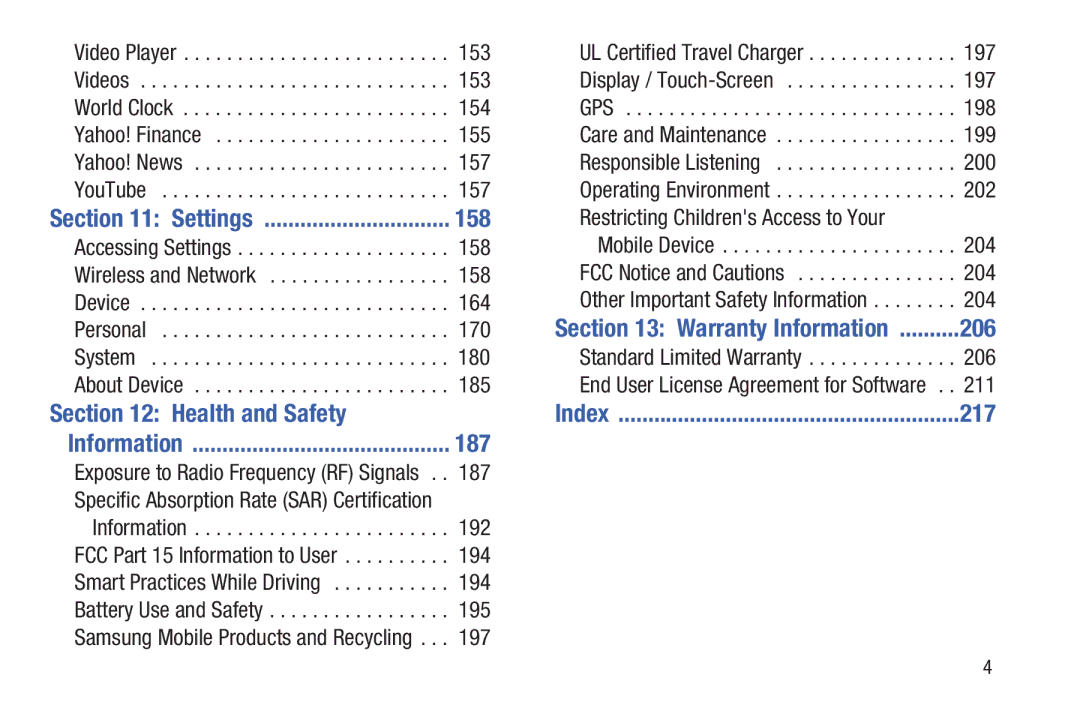 Samsung GT-P3113 user manual 158, Health and Safety, 187, Warranty Information 206, 217 